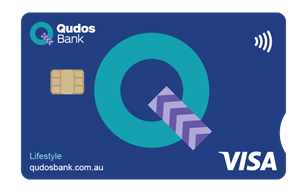 The front of a Qudos Bank Lifestyle credit card. The design is blue with a big 'Q' part of the Qudos Bank logo. The right side of the card shows a notch.