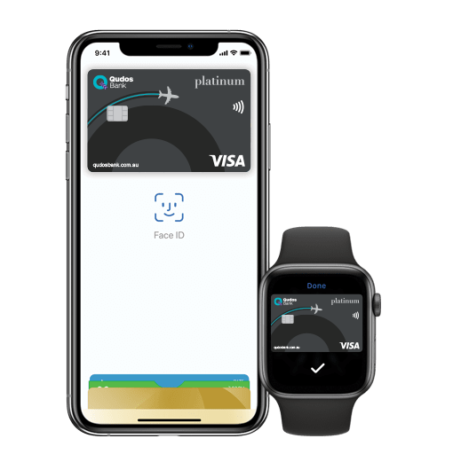 iPhone and Apple watch showing Apple Pay with  Visa Platinum credit card