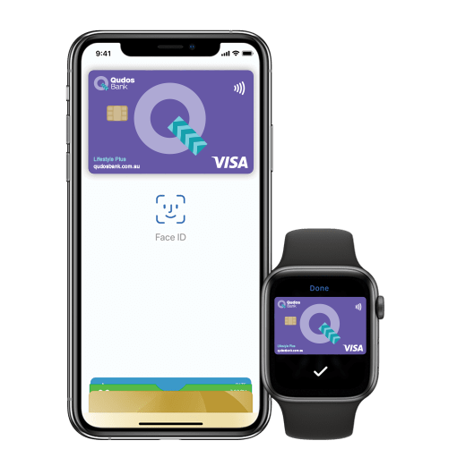 iPhone and Apple Watch showing Apple Pay with Qudos Banks' Lifestyle Plus credit card