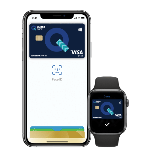 iPhone and Apple Watch showing Apple Pay with Qudos Bank's Visa debit card