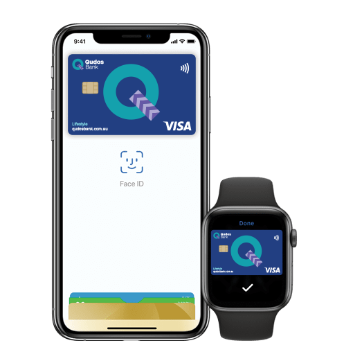 iPhone and Apple Watch showing Apple Pay with Qudos Bank Lifestyle credit card