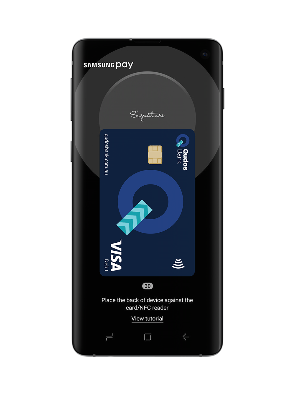 Samsung phone showing samsung pay with Qudos Bank Visa debit card