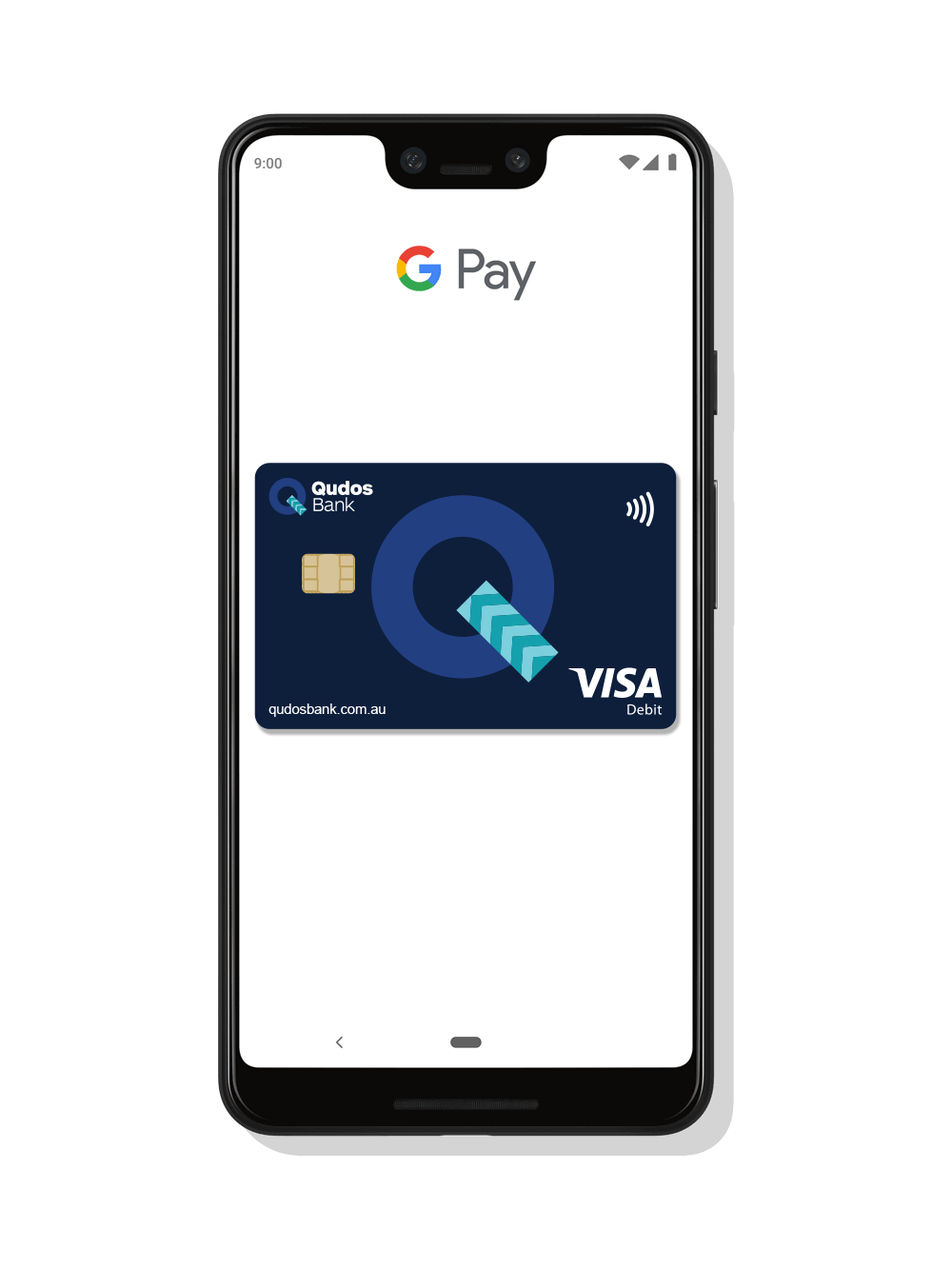 Google phone showing Google Pay with Qudos Bank Visa Debit Card