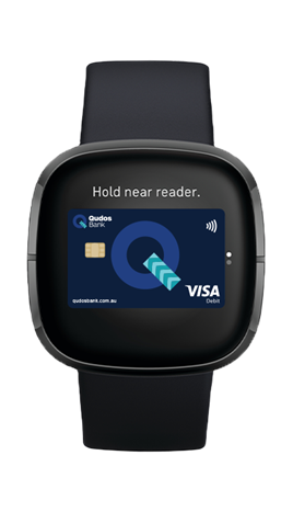 Fitbit Watch showing Fitbit Pay with Qudos Bank Visa Debit card