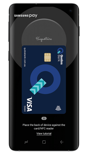 Samsung phone showing Samsung Pay with Qudos Bank Visa Debit