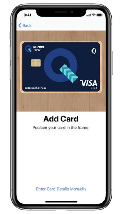 Apple iPhone showing Apple Pay with Qudos Bank Visa Debit Card